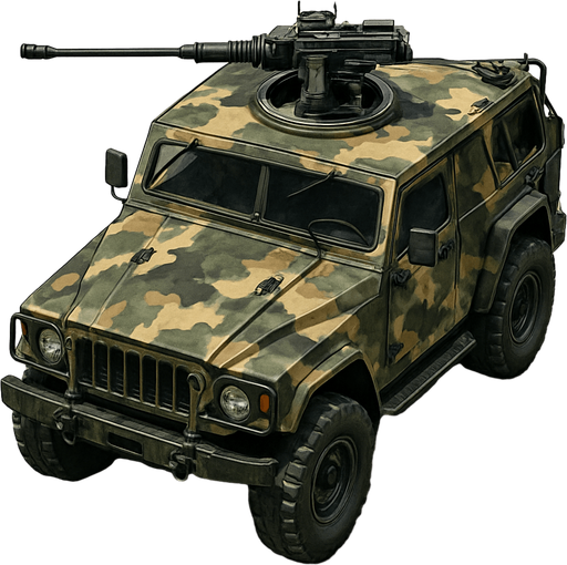 Armed off-road vehicle with camouflage livery. Top view.