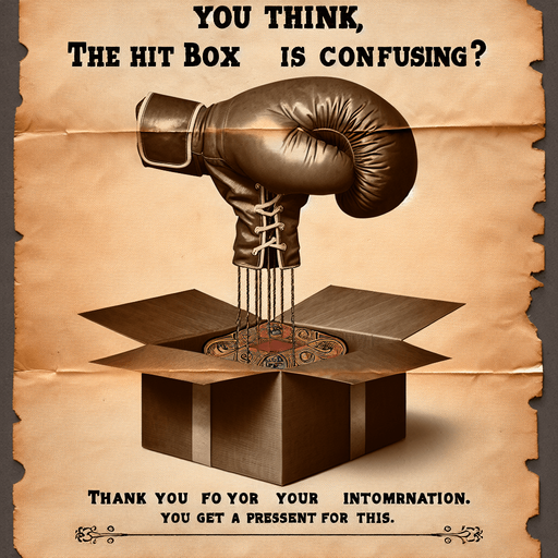 a pergament of a christmas present with a box glove trap. There is the text: "You think, the hit box is confusing? Thank you for your information. You get a present for this."