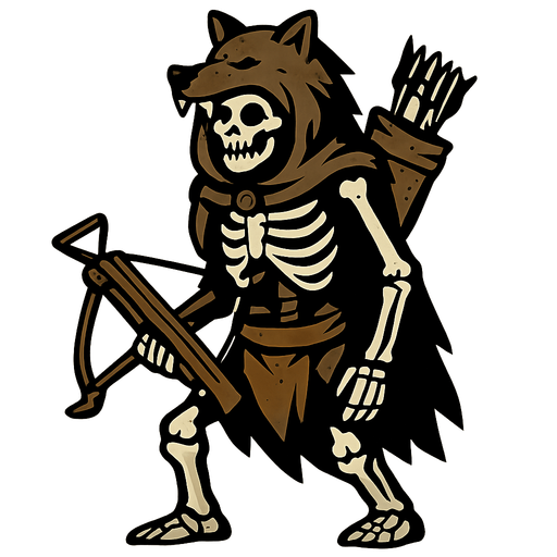 Skeleton with a dead wolf's head as a hood, a Crossbow and a big quiver.
In-Game asset.  2d.  High contrast.  No shadows