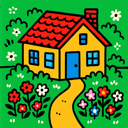let there be a house and let the house be surrounded by lawns and flowers.
In-Game asset.  2d.  High contrast.  No shadows