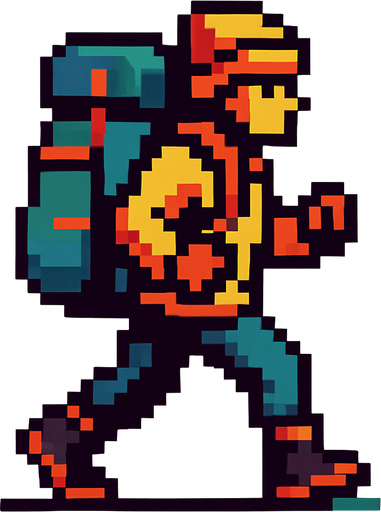 Personaje que sea un alpinista pixelado con una gran mochila que este en movimiento caminando 
In-Game asset.  2d.  High contrast.  No shadows
