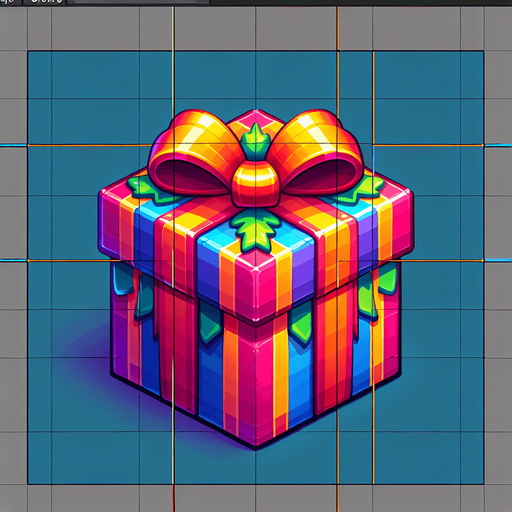 gift wrapped box, bright colours. with bow on top Single Game Texture. In-Game asset. 2d. Blank background. High contrast. No shadows. Single Game Texture.