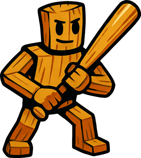anthropomorphic wooden figure holding a baseball bat.
In-Game asset.  2d.  High contrast.  No shadows