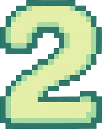 A pixel art number "2" designed for a cozy, cute retro 2D game UI with a bird theme. The number is rendered in soft pastel light green tones to harmonize with the gentle and sweet aesthetic of the game. It has a clean, simple, and rounded pixel style with no harsh edges, fitting perfectly within the pixel art UI style. The number is bold and easily readable at small sizes..
In-Game asset.  2d.  High contrast.  No shadows. pixel art. retro. 2d ui. number. pastel light green. simple. rounded edges. bold. cute. minimal