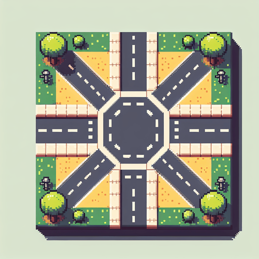 top down view of a big crossroad, pixelart style, from above.
Single Game Texture. In-Game asset. 2d. Blank background. High contrast. No shadows.