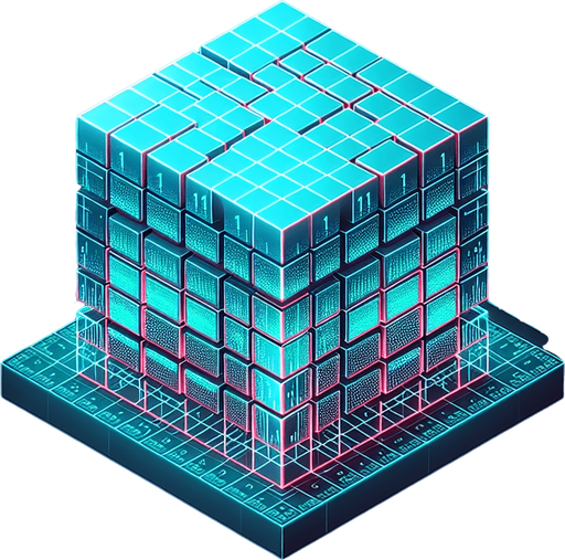 Design an isometric 3D holographic cube resembling a Rubik's cube. The cube should display the top face and two adjacent side faces, each divided into a 3x3 grid of cells. Each cell must contain either a '1' or a '0' in a glowing cyan-blue monospace font, visible on all three faces. A few specific cells across the cube should stand out with their binary digits ('1' or '0') highlighted in bright red.

To indicate corruption, overlay the cube with subtle glitch effects, such as flickering segments, static noise, and distorted gridlines. Add a small glowing text label floating near the cube that reads 'CORRUPTED' in bold red, with a slight flicker or distortion to enhance the corrupted feel. Ensure the cube retains its holographic aesthetic with a soft cyan glow, suspended in mid-air, projecting from a base below with ambient lighting and sci-fi effects.
Single Game Texture. In-Game asset. 2d. Blank background. High contrast. No shadows.