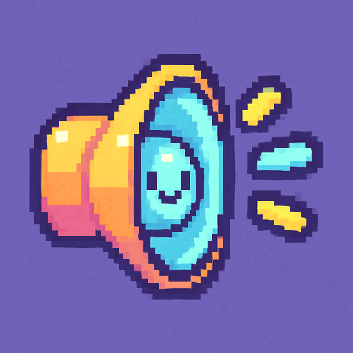 A small and cute pixel art icon representing sound on, designed for a 2D game UI. The icon shows a colorful, rounded speaker with smiling face and small animated sound waves coming out in bright pastel colors like yellow and light blue. The design is chibi and cartoonish, with soft outlines and playful details. It fits the style of a fun, colorful retro arcade game..
In-Game asset.  2d.  High contrast.  No shadows. pixel art. cute. ui icon. colorful. retro style. chibi. cartoonish