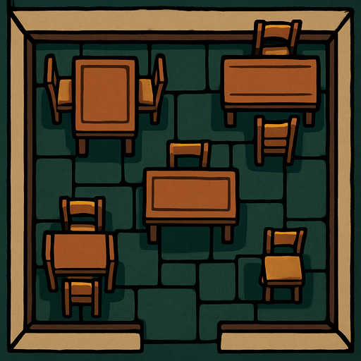 kuş bakışı birkaç masası olan bir oda.
In-Game asset.  2d.  High contrast.  No shadows