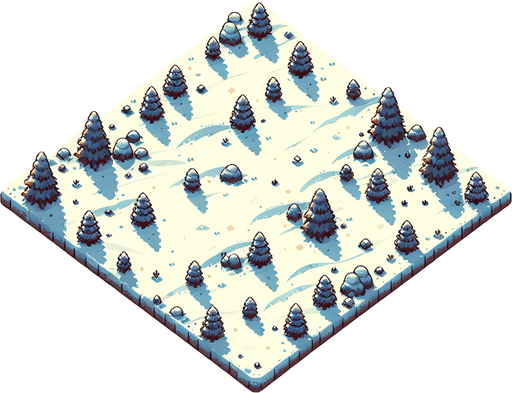 Top down snowy field with some scattered tries. Single Game Texture. In-Game asset. 2d. Blank background. High contrast. No shadows.