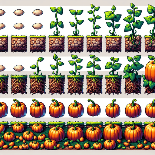 A spritesheet showing a pumpkin plant in various stages of germantion, from seed over sapling and to full grown plant with ripe pumpkin. The sprites should be laid out in a rectangular grid with blank space between them..
Single Game Texture. In-Game asset. 2d. Blank background. High contrast. No shadows.