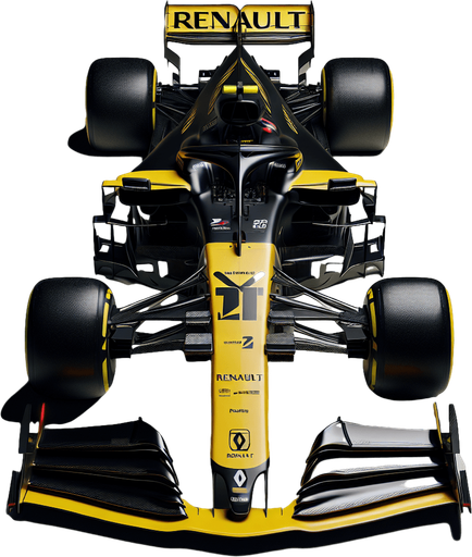 Photorealistic F1 Renault race car. TOP VIEW.
Shiny black body with shiny yellow nose. 
Replace every ,,RENAULT" texts to ,,RENAIULT".
Yellow rear wing. Black ,,RENAIULT" text and logo on nose with black racenumber.