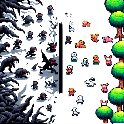 grma dengra de uhna mitad con bichos malignos atacando a personas y en la otra mitad grama verde llamativa con animales de bosque adorables
pixel art.
Single Game Texture.  In-Game asset.  2d.  Blank background.  High contrast.  No shadows