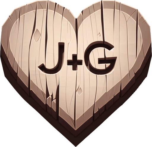 J+G ingrained in a heart, on wood by a knife.
Single Game Texture. In-Game asset. 2d. Blank background. High contrast. No shadows.