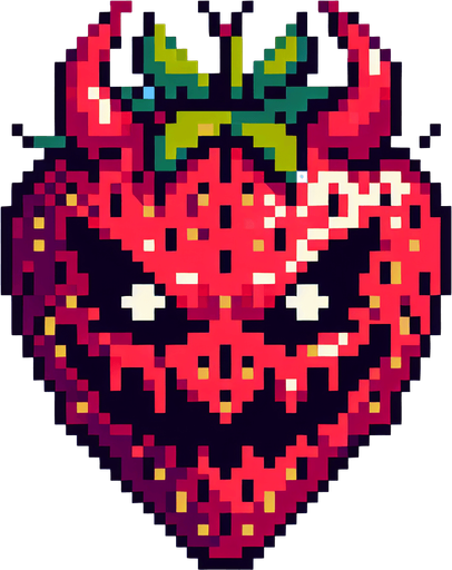 a demonic strawberry, pixel style.
Single Game Texture.  In-Game asset.  2d.  Blank background.  High contrast.  No shadows