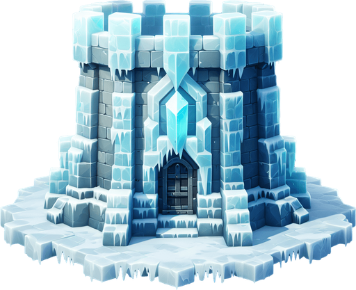 A turret tower built of iceblocks. Front view perspective. Single Game Texture. In-Game asset. 2d. Blank background. High contrast. No shadows.