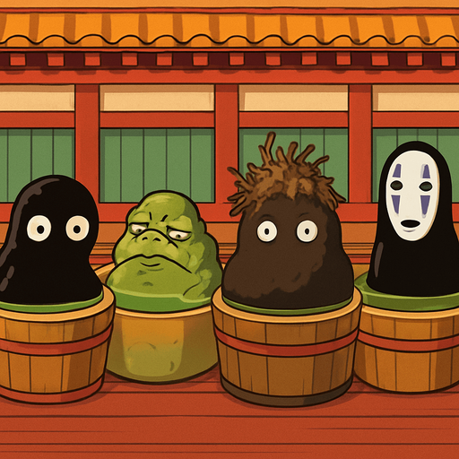 Japanese circle bath have different stink spirits from movie "spirited away". each one per bath. HD colors.
In-Game asset.  2d.  High contrast.  No shadows