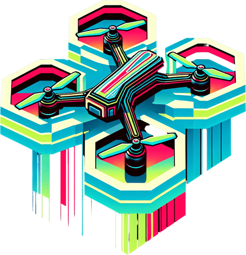 retro flying drone  in neon colors..
Single Game Texture. In-Game asset. 2d. Blank background. High contrast. No shadows.