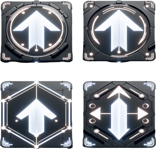 A set of dynamic, futuristic arrow indicators designed for a top-down 2D game. Each arrow is sleek and glowing, with a minimalistic design to fit a sci-fi aesthetic. The set includes four arrows pointing in cardinal directions: up, down, left, and right. These arrows have a subtle animated glow effect and are designed to overlay on a game floor to indicate navigable doorways after clearing a room. They are semi-transparent to avoid obstructing the gameplay view..
Single Game Texture. In-Game asset. 2D. Blank background. High contrast. No shadows. Includes four glowing arrows for cardinal directions (up, down, left, right). Designed for overlay on the game floor, semi-transparent with a glowing effect.