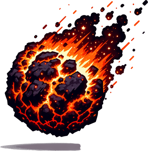 Метеорит объятый пламенем, без фона.
Single Game Texture. In-Game asset. 2d. Blank background. High contrast. No shadows.