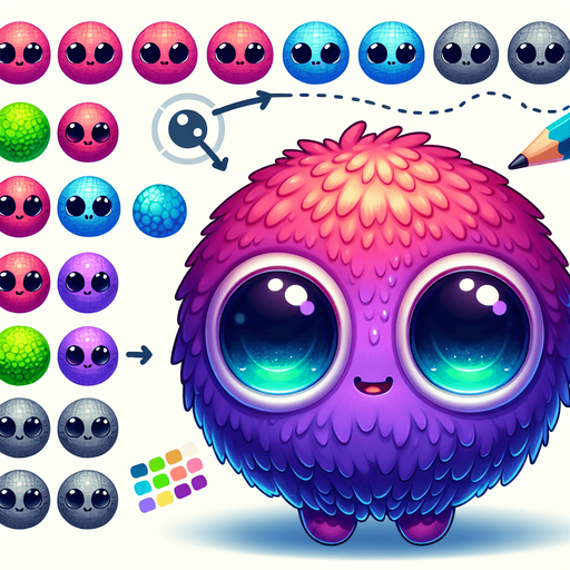 Round furry, cute alien ball with big eyes. vivid colours, looking at 45 degrees to the right.
Single Game Texture. In-Game asset. 2d. Blank background. High contrast. No shadows.