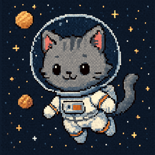 A cute gray chibi-style anime kitten, dressed in an astronaut suit and drifting through the universe, rendered in Pixel Art.