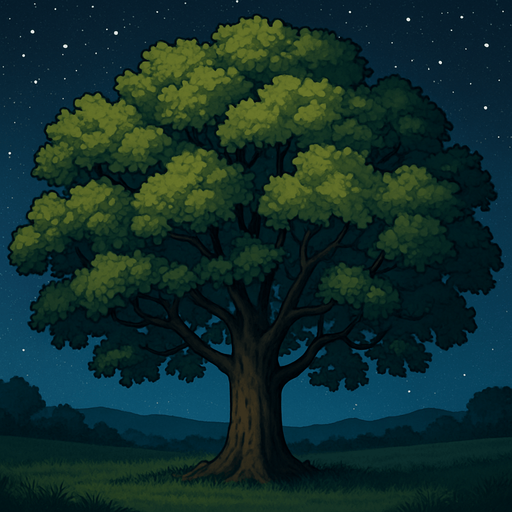 Arboleda, con fondo, cielo nocturno, algo realista.
In-Game asset.  2d.  High contrast.  No shadows