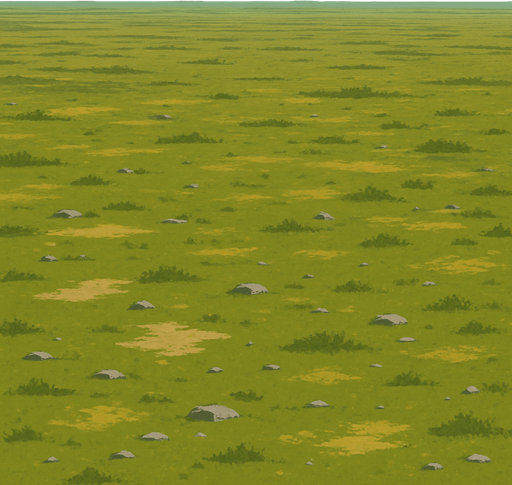 Here’s a prompt for a very distant, wide-angle view of a tree-free forest floor:

**Prompt:**
A very distant, wide-angle aerial view of a tree-free forest floor, showing expansive grassy plains with patches of dirt, scattered rocks, and low vegetation. The terrain stretches far into the horizon with subtle color variations and soft natural lighting, creating a vast, open, and serene natural environment without any trees..
In-Game asset.  2d.  High contrast.  No shadows