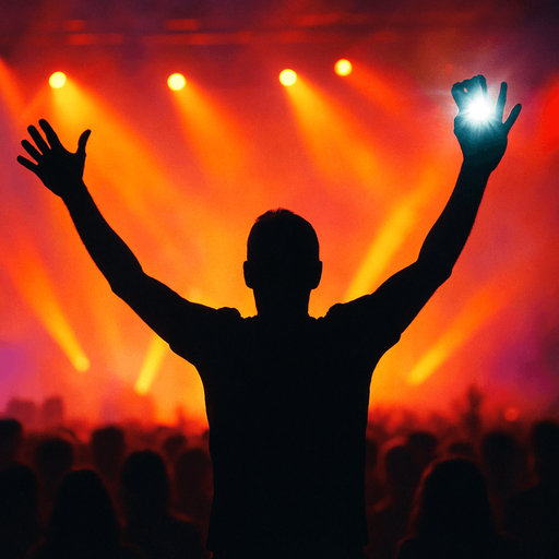 Dancing man with hands up dark siluette on a concert, front view. 
A smartphone with white flash in One of his hand.