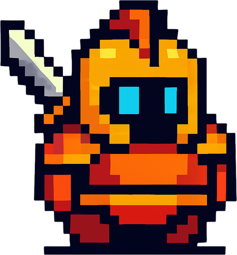 Crea un personaje estilo pixel art, un guerrero simple y fácil de animar. No debe tener manos ni piernas visibles, solo un cuerpo principal con forma redonda u ovalada. El diseño debe sugerir que es un guerrero usando colores llamativos, ojos brillantes o una armadura pixelada pegada al cuerpo. Puede tener una espada flotando al lado o en la espalda como decoración. Debe verse como un personaje de videojuego, pero sin partes que necesiten animación compleja..
In-Game asset.  2d.  High contrast.  No shadows