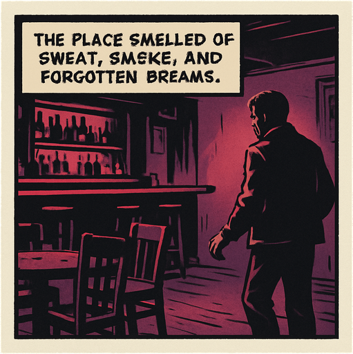 A comic panel styled like a square photo print with a clean white border. Realistic comic art. Scene: Inside a dimly lit bar, red and purple hues, empty chairs, bar counter glowing faintly. Noah walks in cautiously. Narrator box at the top reads: “The place smelled of sweat, smoke, and forgotten dreams.”.
In-Game asset.  2d.  High contrast.  No shadows