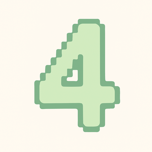 A pixel art number "4" designed for a cozy, cute retro 2D game UI with a bird theme. The number is rendered in soft pastel light green tones to harmonize with the gentle and sweet aesthetic of the game. It has a clean, simple, and rounded pixel style with no harsh edges, fitting perfectly within the pixel art UI style. The number is bold and easily readable at small sizes..
In-Game asset.  2d.  High contrast.  No shadows. pixel art. retro. 2d ui. number. pastel light green. simple. rounded edges. bold. cute. minimal