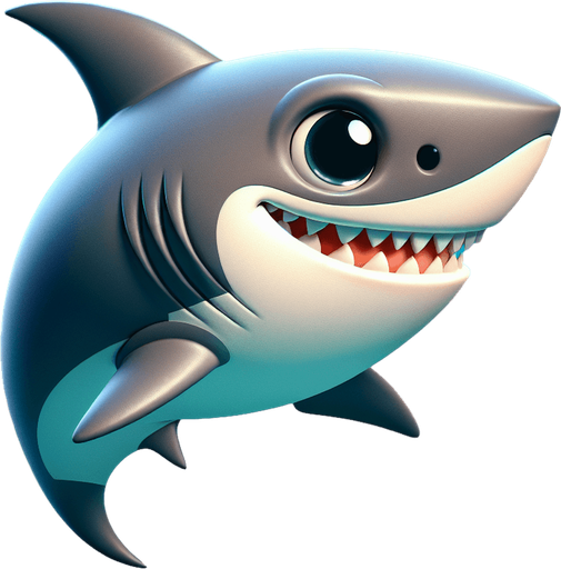 A cartoon shark swimming side profile..
Single Game Texture.  In-Game asset.  2d.  Blank background.  High contrast.  No shadows