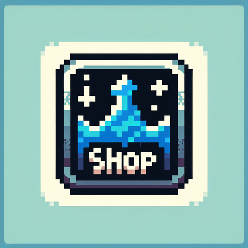 Water themed gui icon that has the text "Shop" on it. 8-bit art style..
Single Game Texture. In-Game asset. 2d. Blank background. High contrast. No shadows.