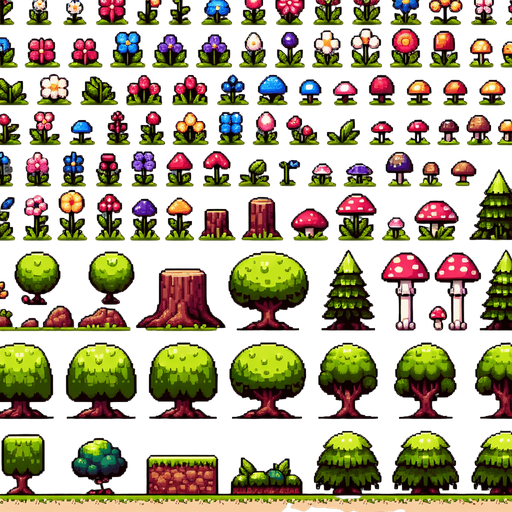 Create a sprite sheet featuring various forest landscape elements, including flowers, small hills, dug holes, mushrooms, trees, bushes, and rocks. Each element should be designed in a detailed pixel art style, reminiscent of classic 32-bit era video games. Ensure that the colors are vibrant and natural, with each element distinctly recognizable. The flowers should have a variety of colors and shapes, the hills should have gentle slopes, the holes should look freshly dug, the mushrooms should be varied in size and color, the trees should have detailed bark and lush canopies, the bushes should be dense with leaves, and the rocks should have texture and shading. Arrange the elements on a neutral background, with each item neatly aligned in rows and columns for easy identification and use in game development..
Single Game Texture. In-Game asset. 2d. Blank background. High contrast. No shadows.