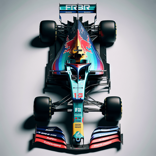 Full-length F1 race car. rainbow coloured Gradient on body. "FRVR" sponsor. Top view..
Single Game Texture. In-Game asset. 2d. Blank background. High contrast. No shadows.