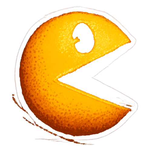 Pacman.
In-Game asset.  2d.  High contrast. shadows. Outline. Pixilated