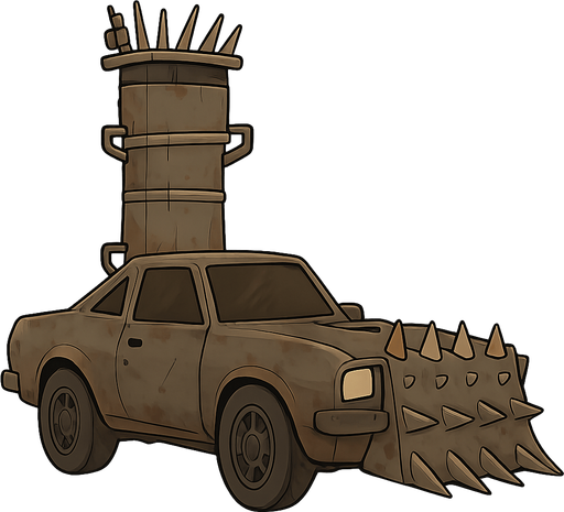 A Mad Max style car will be old and have a metal spiked plate on the front. No background. Transparent background. Blank background. No shadows. 2d. In-Game asset. flat