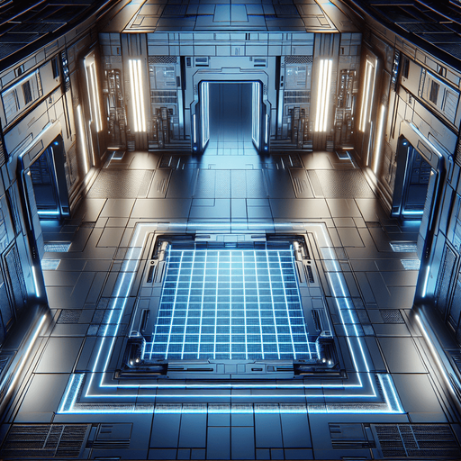 A high-tech command center with a glowing grid floor and sleek metallic walls. The room is viewed from directly above and has open entrances centered in the middle of each wall (top, bottom, left, and right) for easy transitions. Neon lights and holographic screens line the walls, casting a blue glow..
Full-frame, top-down view of a futuristic command center. Glowing grid floor, metallic walls, neon lights. Open entrances centered on each wall: top, bottom, left, and right. Blue glow, no perspective distortion.