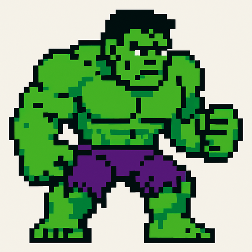 pixel art Hulk.
In-Game asset.  2d.  High contrast.  No shadows