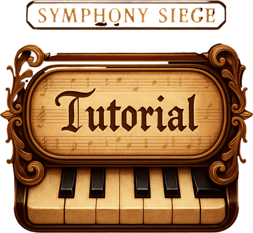 Diseña un botón visual para un videojuego llamado Symphony Siege, destinado a la opción "Tutorial". El estilo debe ser coherente con una interfaz inspirada en una sala de conciertos clásica: elegante, musical y refinada. El botón debe incluir la palabra "Tutorial" centrada, usando una tipografía manuscrita o de partitura antigua, legible y estilizada. El fondo puede simular una partitura enrollada, una tablilla de madera pulida o una tecla de piano estirada horizontalmente. El contorno del botón debe tener detalles ornamentales dorados o cobrizos, evocando la estética barroca o sinfónica. El tono general debe ser acogedor y educativo, sin perder la elegancia musical.
In-Game asset.  2d.  High contrast.  No shadows