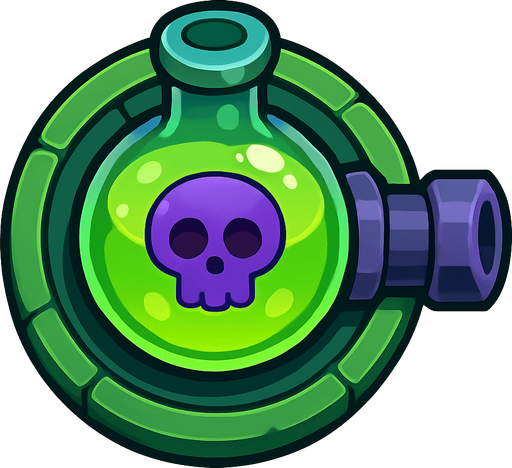 Crea la Torre Poison en un estilo 2D renderizado, limpio y cartoonish, con contornos claros y definidos, colores vibrantes con transiciones suaves, y sombreado que da volumen a sus superficies superiores.
La perspectiva debe ser VISTA CENITAL (totalmente desde arriba). Esto significa que la torre se verá como si estuviera siendo observada directamente desde arriba, con los detalles de su parte superior siendo prominentes.
La base de la torre debe ser circular para permitir un movimiento de cañón cómodo. La salida del veneno o el cañón debe apuntar hacia la DERECHA.
La torre debe tener un perfil bajo y la menor cantidad de relieve vertical posible para facilitar una rotación fluida en la animación..
In-Game asset.  2d.  High contrast.  No shadows