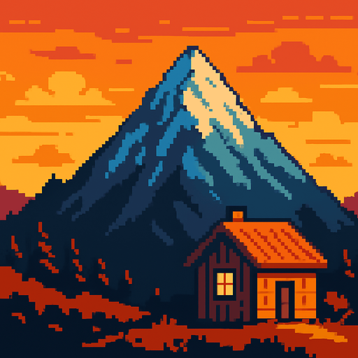 Montaña con casa en atardecer, pixelart.
In-Game asset.  2d.  High contrast.  No shadows