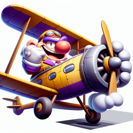Wario flying an aeroplane.
Single Game Texture.  In-Game asset.  2d.  Blank background.  High contrast.  No shadows
