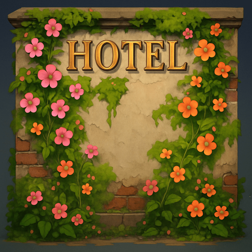 Hotel wall view from the front with flowers and mosses.
In-Game asset