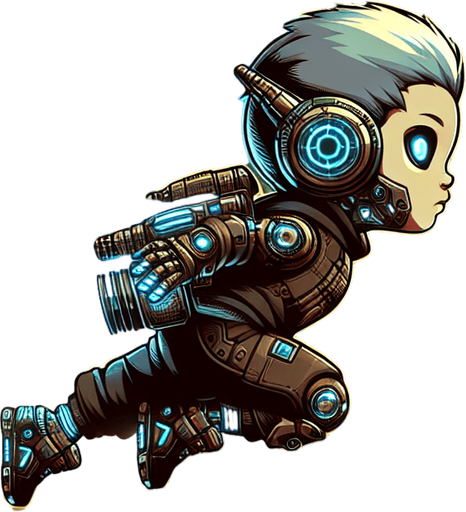 Horizontal Endless Runner Cyberpunk flying Kid with a jetpack.
Single Game Texture. In-Game asset. 2d. Blank background. High contrast. No shadows.