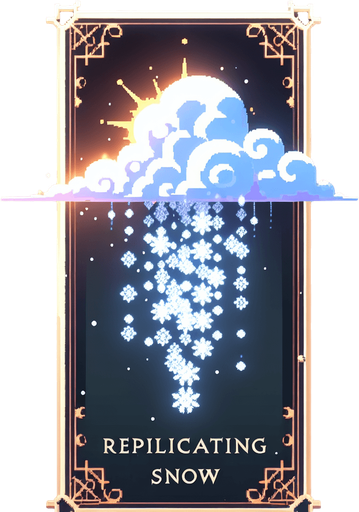 a pergament letter with the name "Replicating Snow". It has a cloud with replicating snowflakes on it. vertical. Single Game Texture. In-Game asset. 2d. Blank background. High contrast. No shadows.