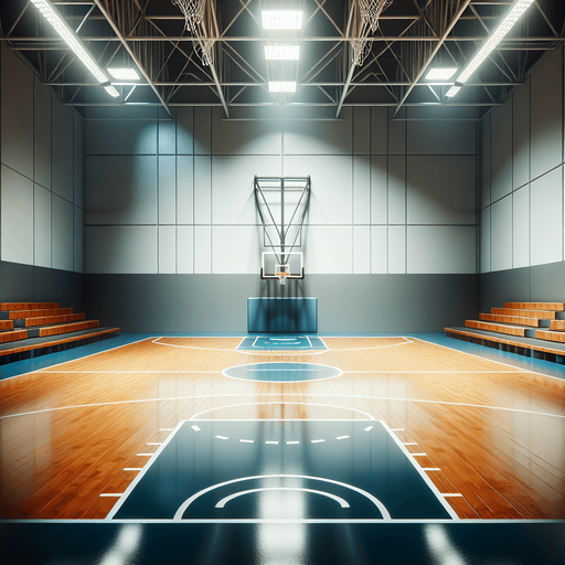 篮球场，写实风格，视角是站在篮球场中心看向其中一个篮筐，在体育馆内.
Single Game Texture. In-Game asset. 2d. Blank background. High contrast. No shadows.