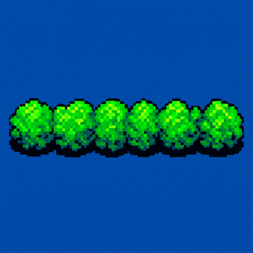 A long horizontal line of low bushes. Top down view. 80s arcade machine graphics..
In-Game asset.  2d.  High contrast.  No shadows