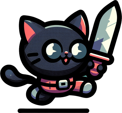 a cat carrying a knife.
Single Game Texture. In-Game asset. 2d. Blank background. High contrast. No shadows.