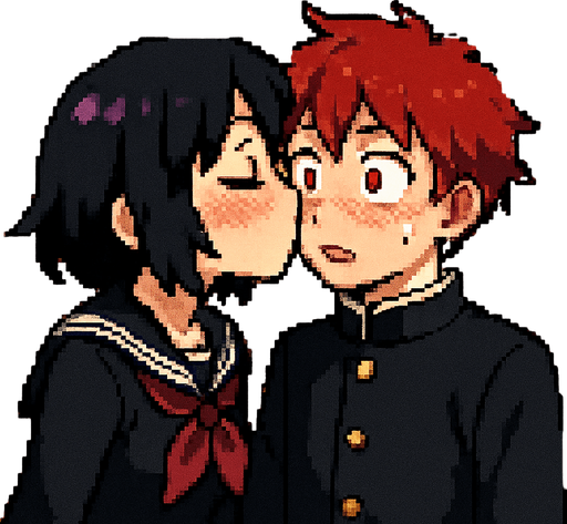 A cute anime-style girl with an emo aesthetic, striking purple eyes, and dressed in a traditional Japanese school uniform (sailor fuku), suddenly gives an unexpected kiss on the lips to a sweet red-haired boy with deep crimson eyes, wearing a classic gakuran school uniform. As she kisses him, her cheeks are deeply flushed, while he, also blushing, wears a look of shock and disbelief — not only was the kiss completely unprompted, but it’s also the very first time anyone has ever kissed him. Behind them stretches a Japanese school hallway, all rendered in a charming Pixel Art style.